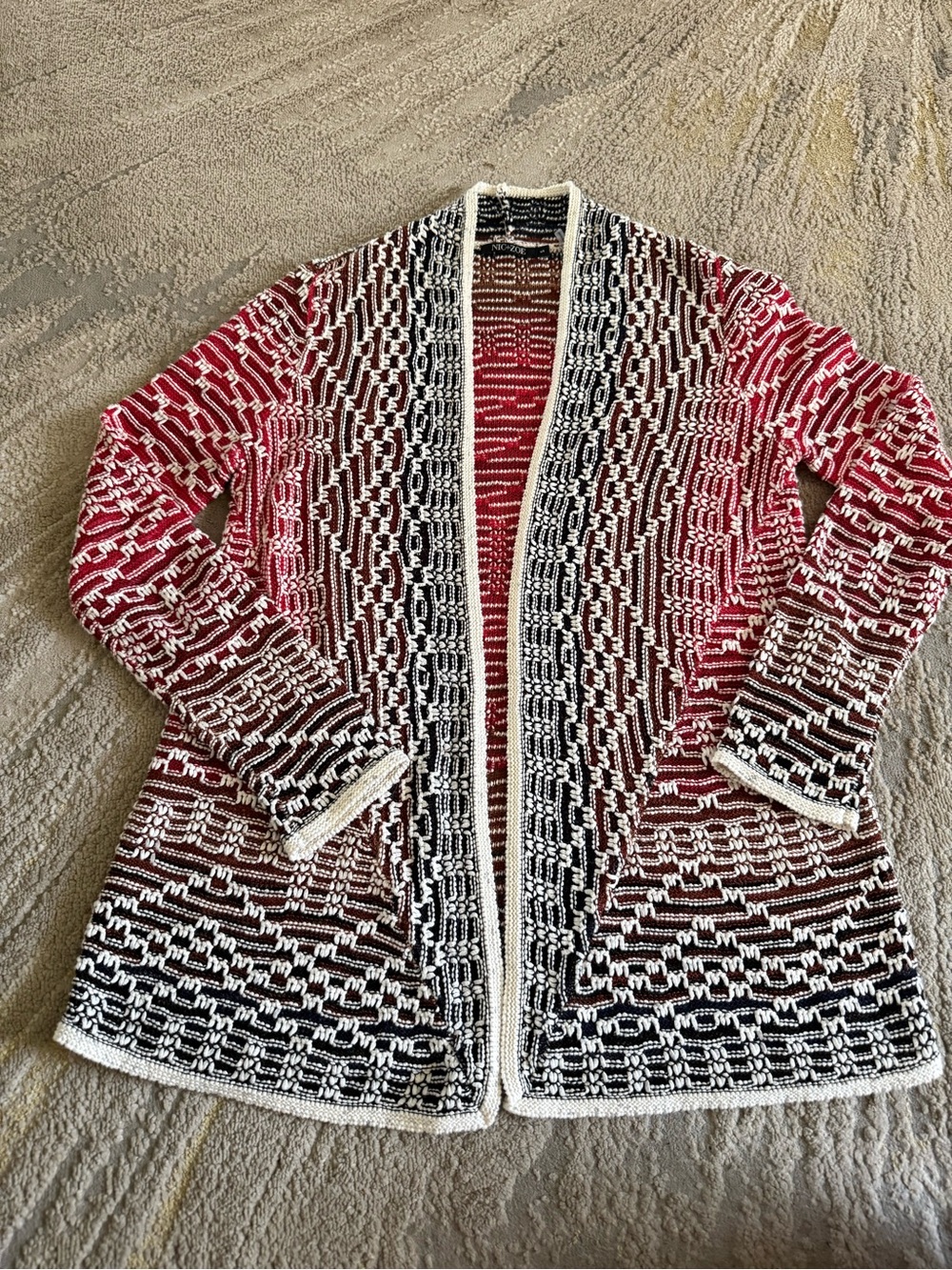 NIC+ZOE Fireside Linen Cardigan black, red, cream ombre knit open front small